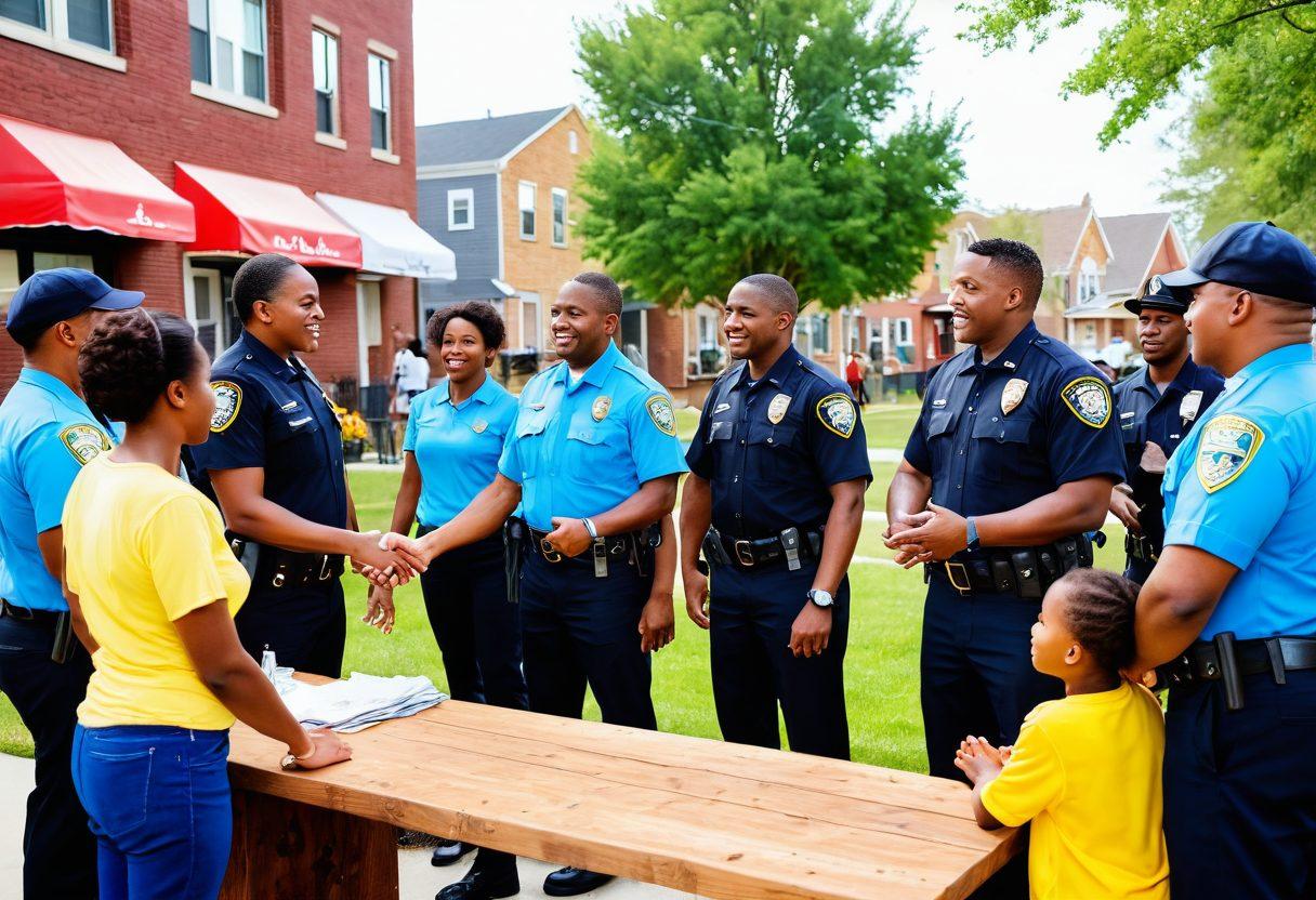 A diverse group of community members and police officers engaging in a friendly dialogue outdoors, symbolizing trust and collaboration. Show a backdrop of a vibrant neighborhood with community events like a barbecue and children playing, highlighting active participation. Incorporate elements of unity like handshake logos and community banners. The scene should feel warm and welcoming, filled with bright colors and a sense of togetherness. super-realistic. vibrant colors. outdoor setting.