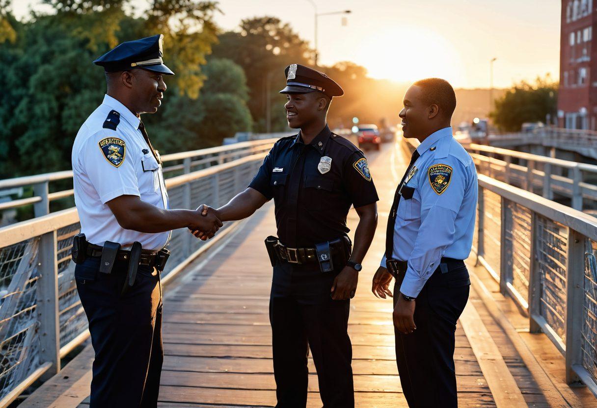 A powerful scene depicting a police officer and a community member shaking hands on a bridge, symbolizing connection and trust. Surrounding them, diverse community members are engaged in positive interactions, showcasing inclusivity. Soft sunrise lighting casts a warm glow over the bridge, enhancing the hopeful atmosphere of unity. super-realistic. vibrant colors. harmonious blend of urban and natural elements.