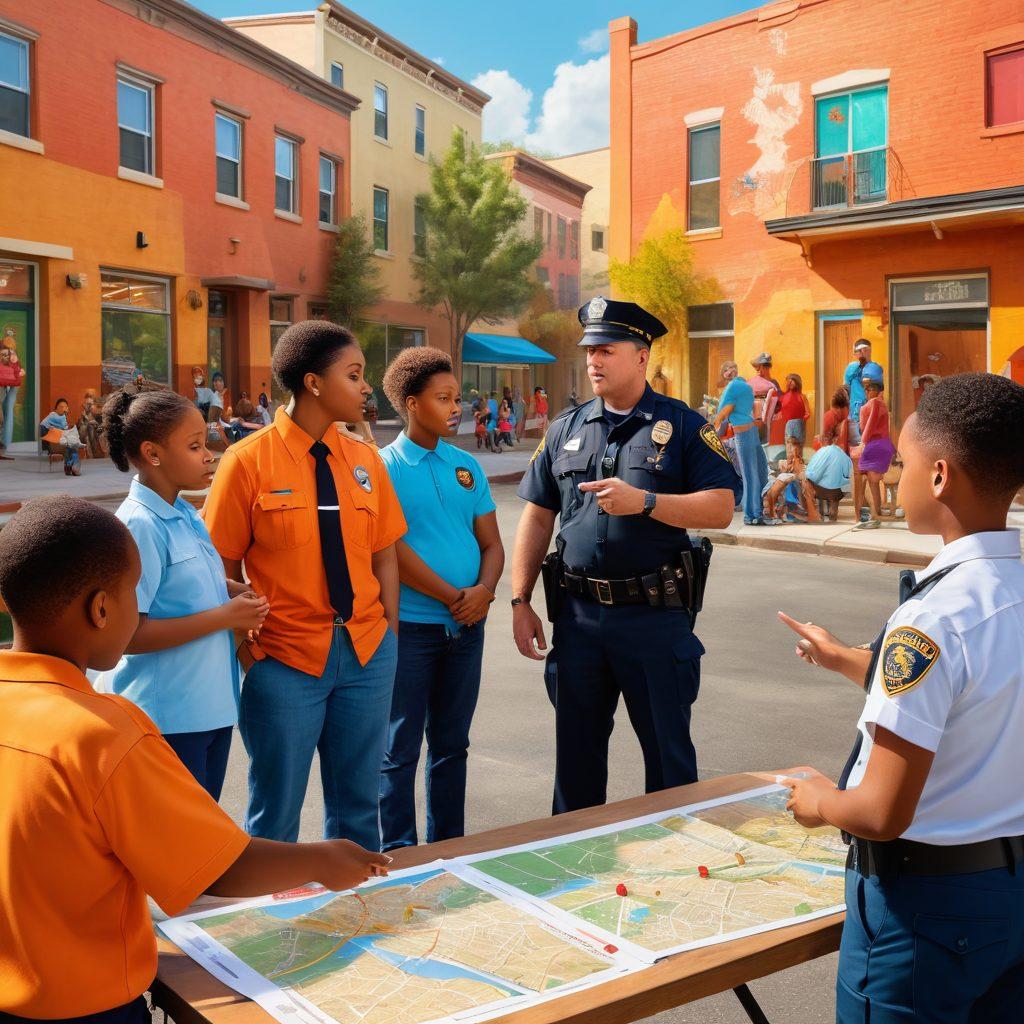 A diverse group of community members engaged in a neighborhood watch meeting, discussing safety strategies with maps and flyers in hand. In the background, a vibrant mural depicting unity and safety themes, with children playing nearby and police officers interacting positively with residents. Warm colors to evoke a sense of community and trust. super-realistic. vibrant colors. 3D.